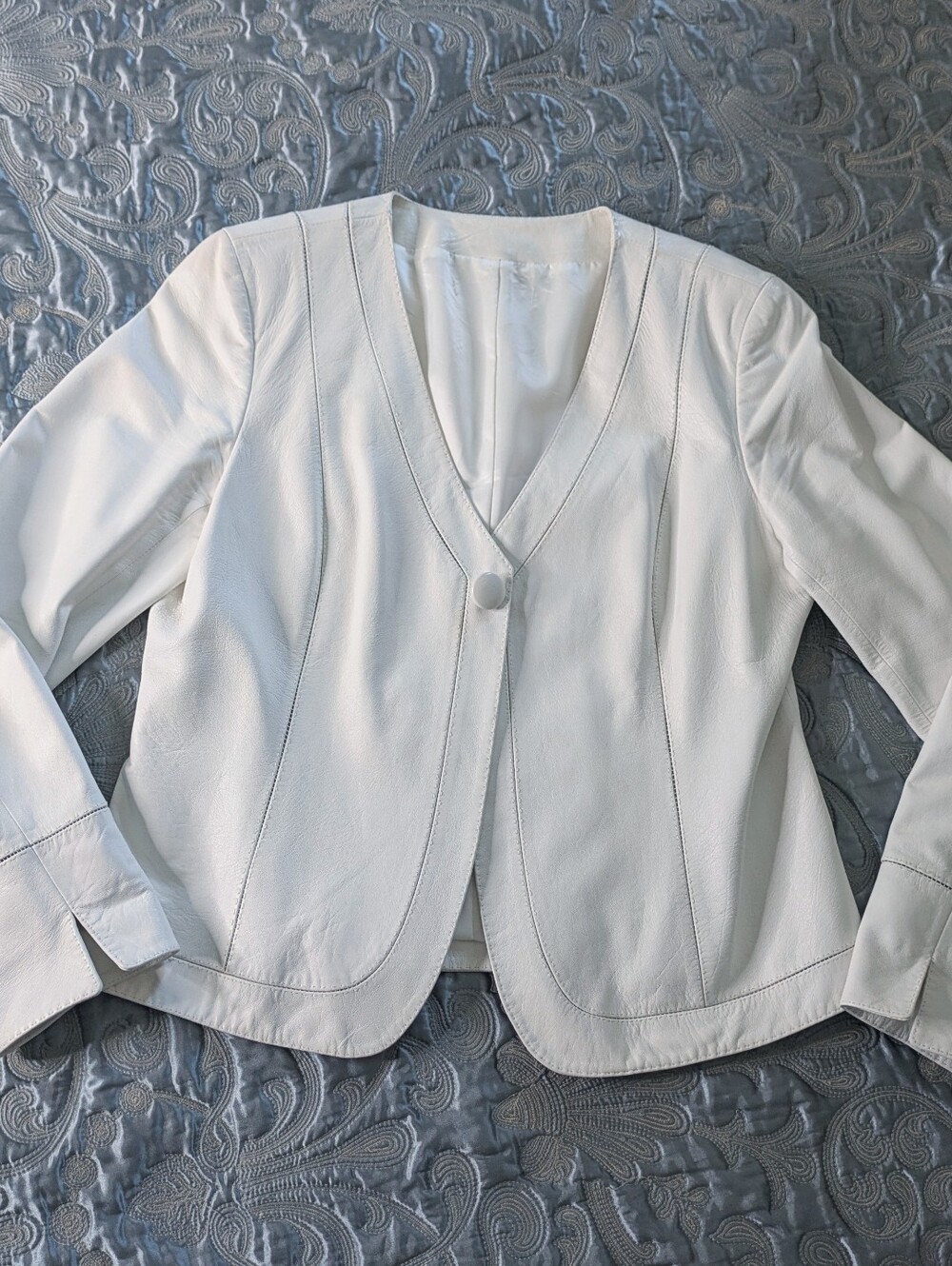 White Women's Lambskin Leather Jacket With Decorative Seam Detailing